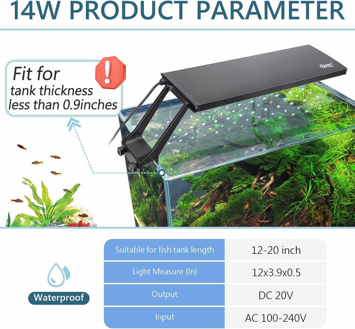 Clip on 24/7 Lighting Aquarium LED Light,Sunrise-Daylight-Moonlight and DIY Mode, Adjustable Timer/Brightness Fish Tank Light with 7 Colors for Planted Tank (14W for 12~20In Tank)