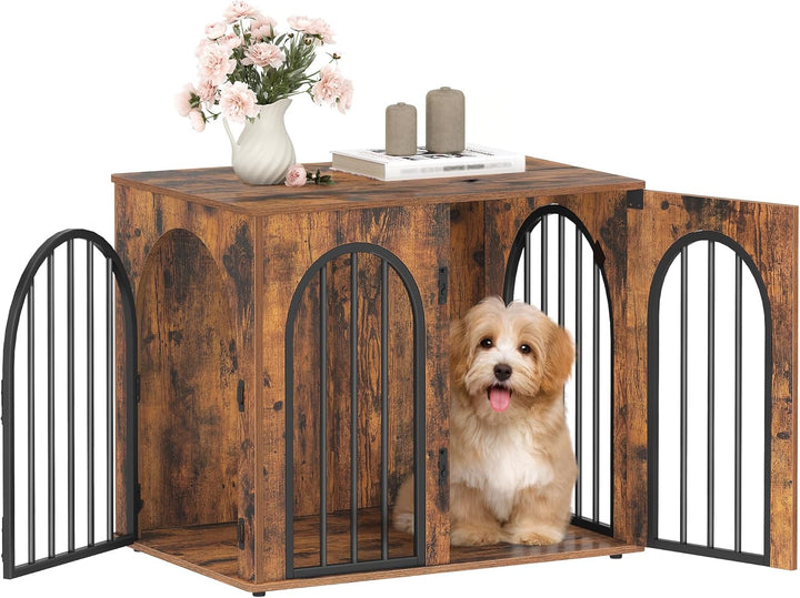 31.5'' Wooden Dog Crate Furniture, Indoor Dog Kennel Dogs Cage for Small/Medium Dogs, Heavy Duty Dog Crates Decorative Pet House End Side Table TV Stand, White Brown DFC85114B