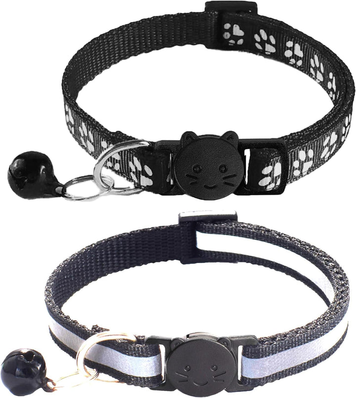 2 Pack Breakaway Cat Collars with Bells, Reflective Design and Claw Print Design, Safety Buckle Kitten Collars Adjustable from 7.5 to 12.5 Inches (Black)