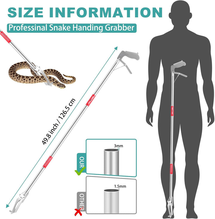 50" Collapsible Stainless Steel Snake Grabber Tool: Multi-Functional Hook, Tongs, Pole, Reacher for Safe Snake Handling and Rattlesnake Catching