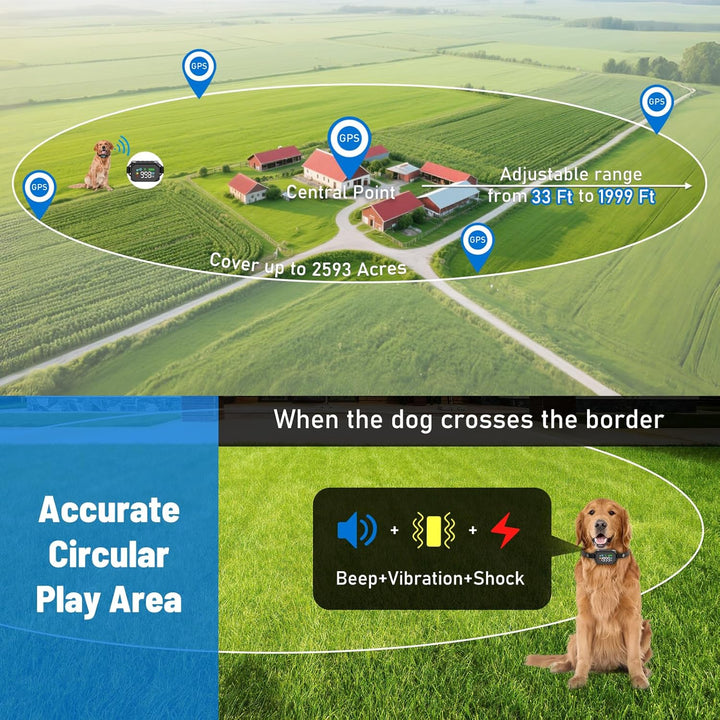 GPS Wireless Dog Fence, Electric Fence for Dogs, Perimeter Collar Fence System, Radius 33-1999 Yards, IPX7 Waterproof, Beep Vibration Shock Correction, for Pets over 18 Lbs