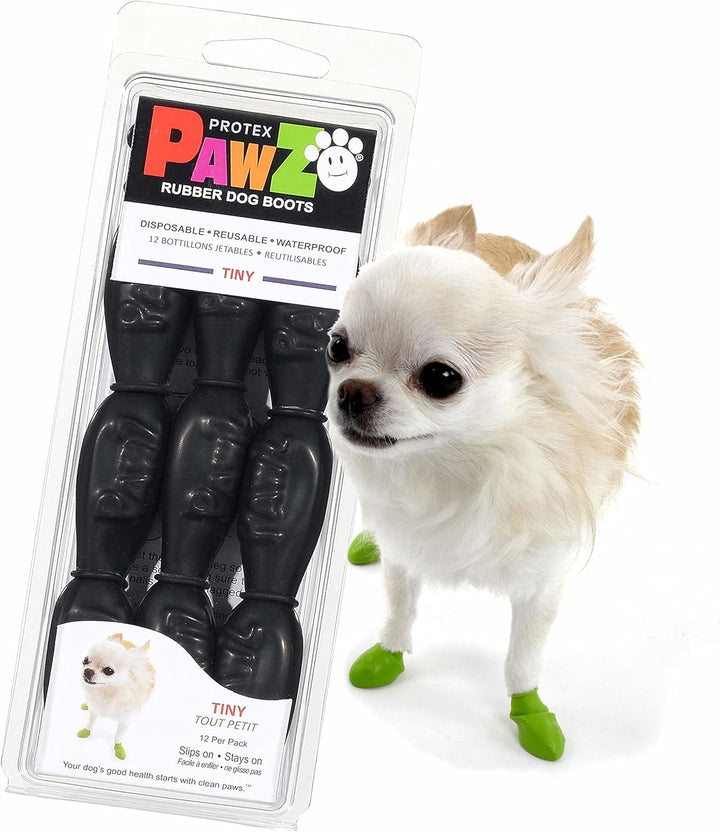 Pawz Rubber Dog Boots for Paws up to 2", 12 Pack - All-Weather Booties for Hot Pavement, Snow, Mud, and Rain - Waterproof, anti Slip Dog Socks - X-Small, Black