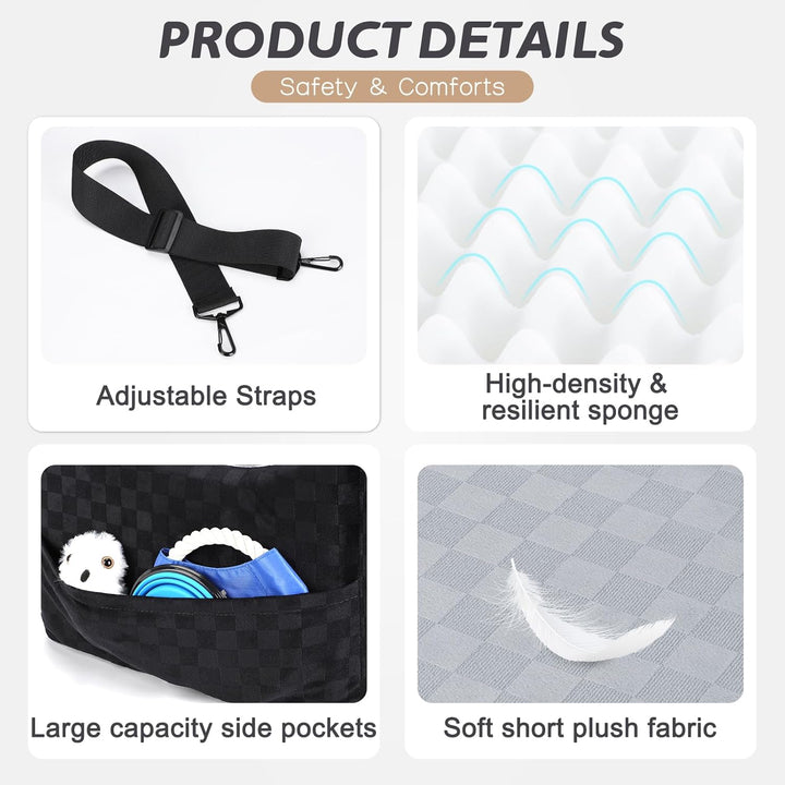 Elevated Dog Car Seat for Small/Medium Dogs up to 35 Lbs, Memory Foam Pet Booster Seat with Detachable Washable Cover, Portable Travel-Safe Bed for Cars with Safety Belts and Storage Pockets