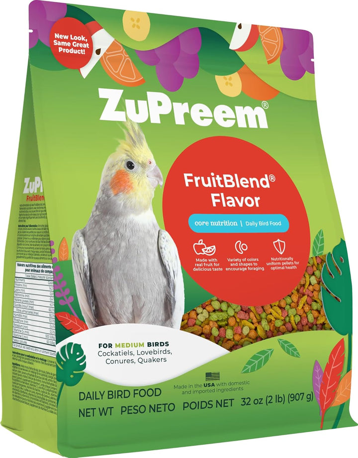 Fruitblend Bird Pellets, Daily Bird Food for Cockatiel, Lovebird, Quaker, Small Conure, Lorikeet, Core Nutrition for Medium Birds, Cockatiel Pellets, Conure Food (M, 2 Lbs)