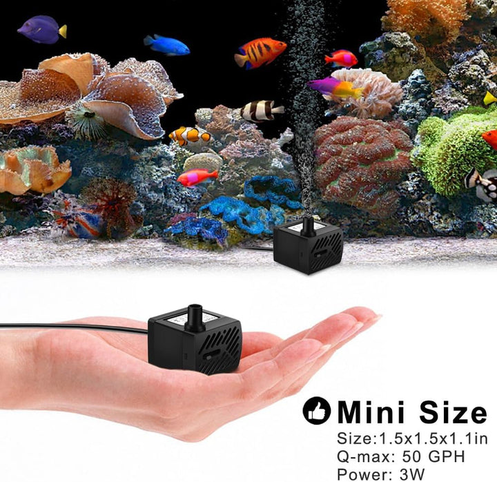 2Pcs Mini Fountain Pump (50GPH 3W), Ultra Quiet Submersible Water Pump for Aquarium, Small Fish Tank, Pet Water Fountain, Tabletop Fountains, Water Gardens and Hydroponic Systems