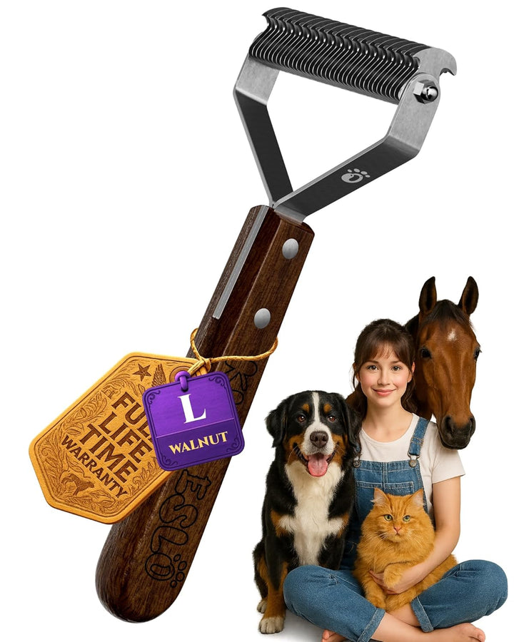 Extra Large 2-Sided Undercoat Rake for Dogs & Cats, Dog Brush for Shedding Remove Mats, Dematting Comb, Safe&Gentle Grooming Brush for German Shepherds Medium to Long-Haired Pets,Premium Wooden Handle