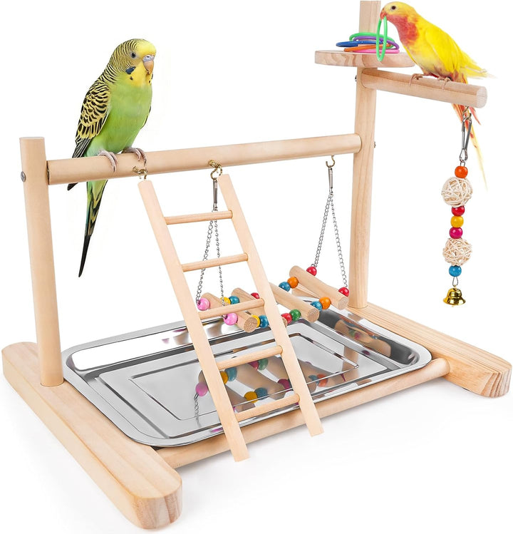 Bird Playground 4 Layer, Parrot Perch Stand Bird Play Stand for Parakeet Conure Cockatiel Lovebird Budgie, Parrot Playground with Feeder Cups, Ladder, Chain Toy, Swing and Detachable Tray