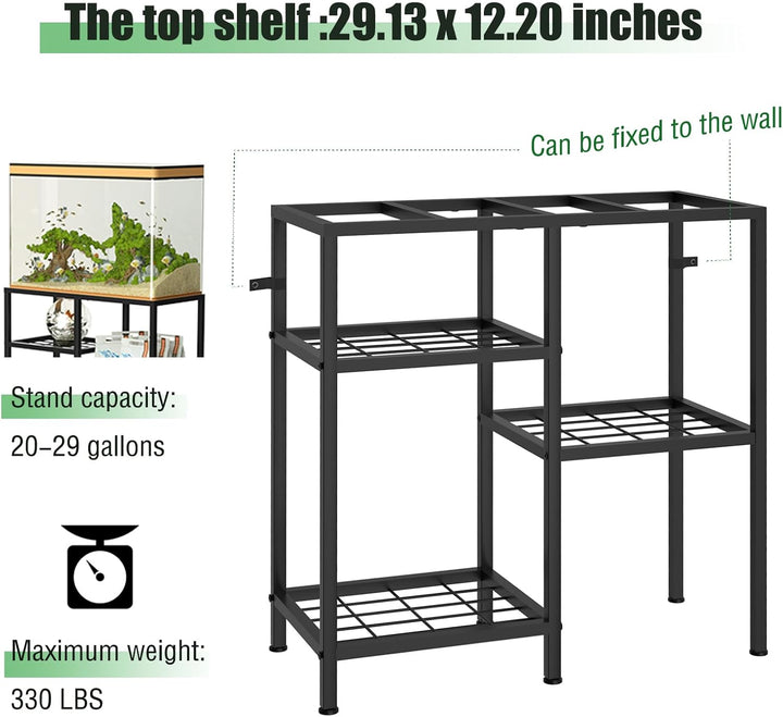 Fish Tank Stand 20 Gallon Aquarium Stand Aquarium Turtle Tank Reptile Tank Stand with 3-Tier Small Metal Shelf Black