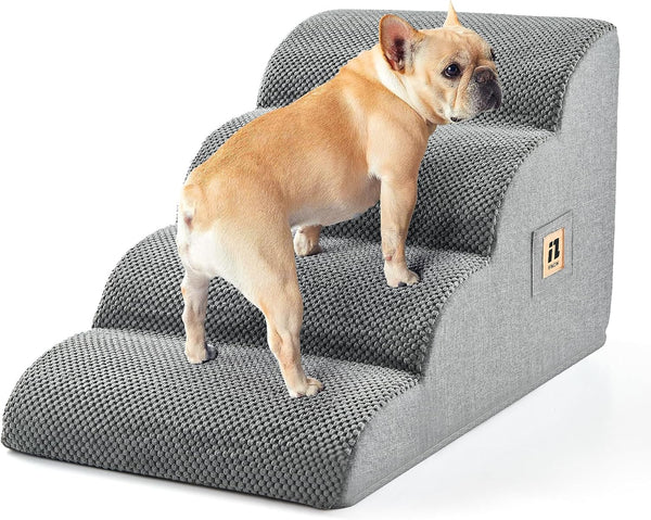 Dog Stairs for Small Dogs 15.7''H, 4-Step Sturdy Dog Steps for Bed, Couch, Sofa, Waterproof Pet Stairs for Older Cats, Puppy, Removable Washable Cover, Non-Slip Curved Pet Ramp Indoor, Grey