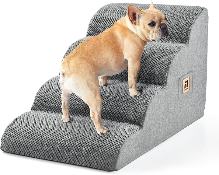 Dog Stairs for Small Dogs 15.7''H, 4-Step Sturdy Dog Steps for Bed, Couch, Sofa, Waterproof Pet Stairs for Older Cats, Puppy, Removable Washable Cover, Non-Slip Curved Pet Ramp Indoor, Grey
