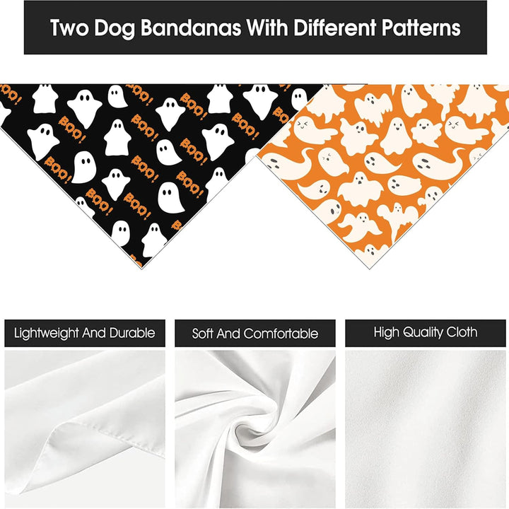 Halloween Dog Bandana Puppy Scarf - Ghosts Boo Dog Outfits - 2 Pcs Adjustable Holiday Party Triangle Reversible Dog Bandanas for Small Medium Large Dogs