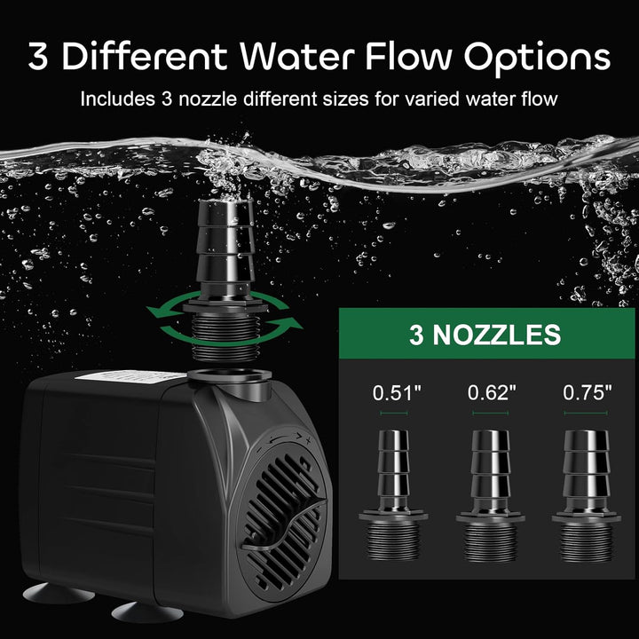 550GPH Submersible Pump 30W Fountain Water Pump, 2000L/H, with 7.2Ft High Lift, 3 Nozzles for Aquarium, Fish Tank, Pond, Hydroponics, Statuary