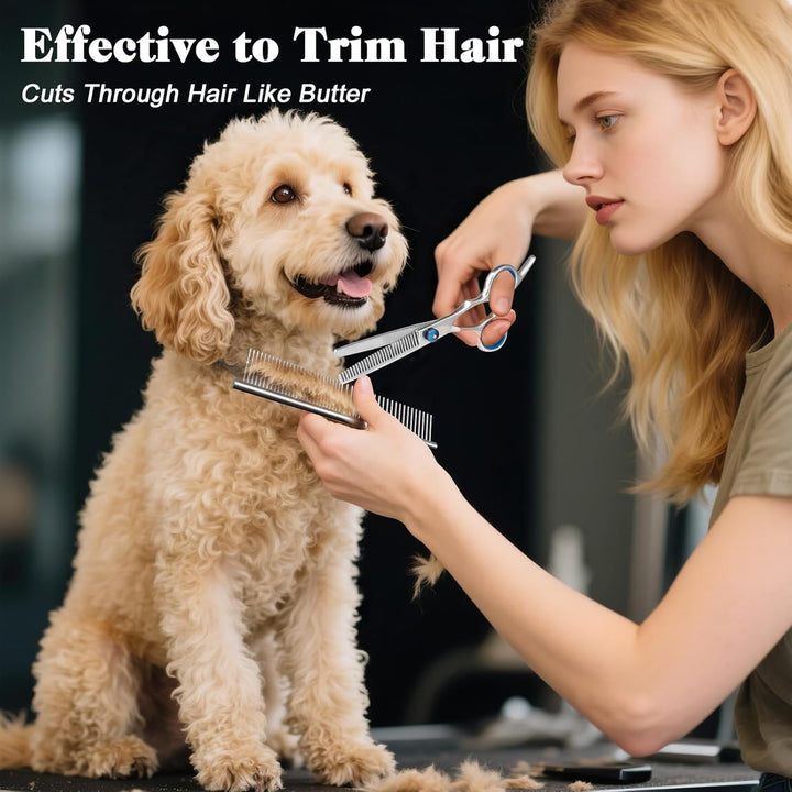 Professional 4 in 1 Dog & Cat Grooming Scissors Kit with Safety round Tips,Sharp & Durable,Dog Shears for Grooming - Includes Straight, Curved, Thinning Scissors and Comb - Premium Pet Supplies