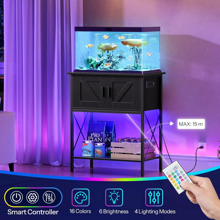 20 Gallon Fish Tank Stand with Power Outlets and LED Light, Metal Frame Aquarium Stand, Reptile, Turtle Tank Stand with Cabinet Storage, 27.6'' L X 15.7'' W, 300 LBS Capacity, Black BB40UDFT01