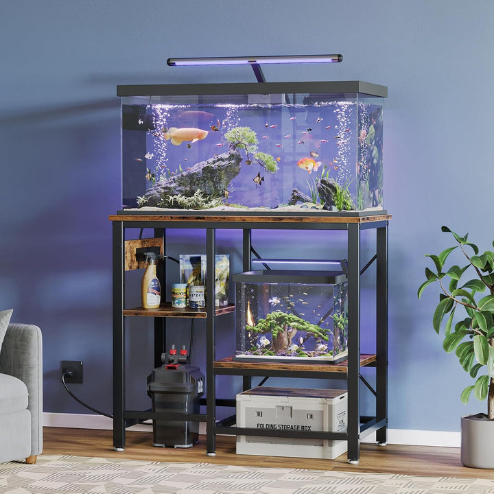 20-29-37 Gallon Fish Tank Stand with Power Outlet, 30X13 Metal Aquarium Stand with Filter Storage, 6-Leg Reptile Tank Stand with 3-Tier Adjustable Storage Shelves, 400LBS Capacity