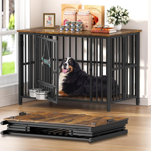 41" Dog Crate Furniture Foldable, No Assembly Decorative Dog Kennel Indoor, Dog Crates for Large Dogs(35-60 Lb), Wooden Dog Cage with Adjustable Bowls and Name Tag, End Table, Rustic Brown