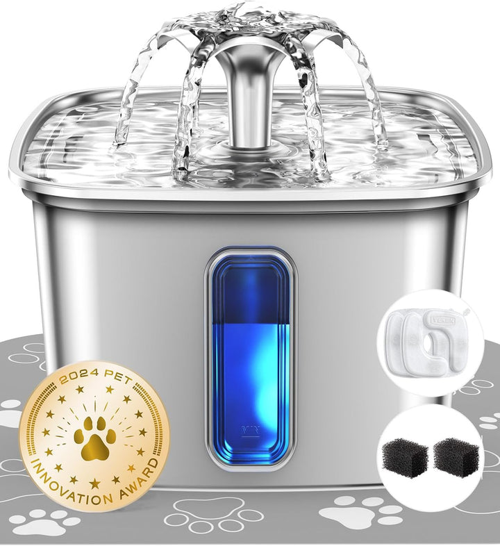 Innovation Award Winner Stainless Steel Cat Water Fountain, 95Oz/2.8L Automatic Pet Fountain Dog Water Dispenser with Replacement Filters & Silicone Mat for Cats, Dogs, Multiple Pets (Silver)
