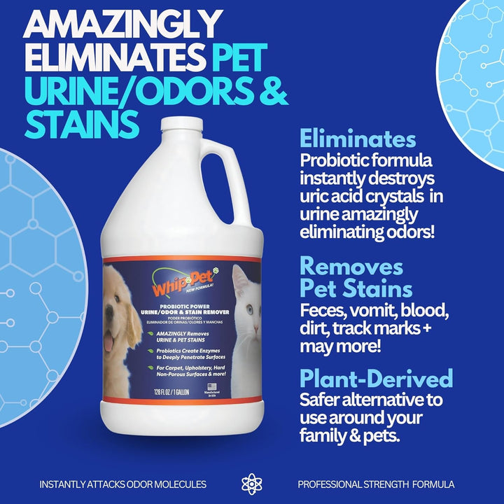 Whip-Pet Pet Odor Eliminator and Stain Remover - Enzymatic Cleaner for Dog Urine and Carpet Odor Eliminator - Pet Odor Remover - 128 Fl Oz / 3.78L