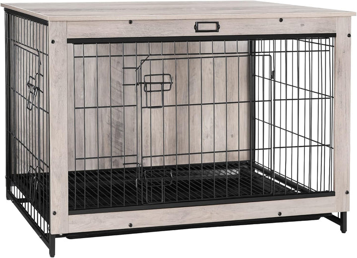 Dog Crate Furniture, 38.6" Large Dog Kennel Indoor, Wooden Cage with Pull-Out Tray, Double Doors Pet House Side End Table for Large/Medium/Small Dogs, Rustic Brown BF982GW03G1