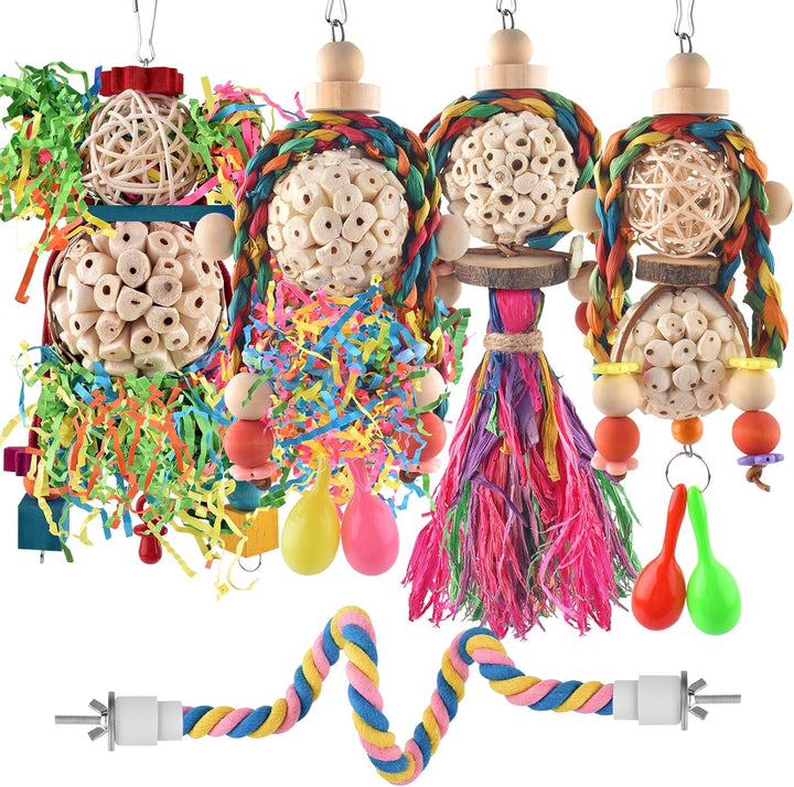 2PCS Bird Parrot Foraging Shredder Hanging Toys Sola Balls Sepak Takraw with Pacifier for Small Parrots Parakeets Conures Cockatiels Love Birds Cage Toy