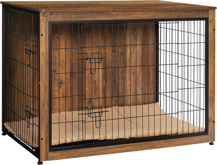 Dog Crate Furniture with Cushion, Wooden Kennel Table with Double Doors, Indoor Dog House, Small/Medium/Large/Extra Large Size, 27.2" L, Rustic Brown