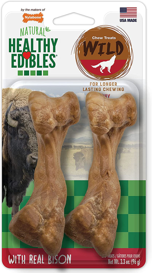 Healthy Edibles WILD Natural Long-Lasting Bison Flavor Bone Chew Treats for Dogs, Medium (2 Count)