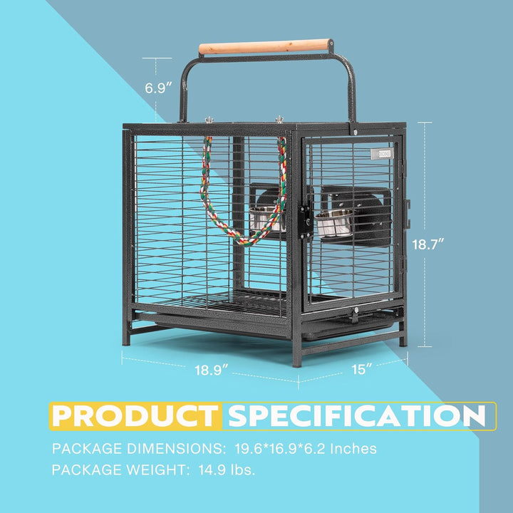 19 Inch Wrought Iron Bird Travel Carrier Cage for Parrots Conures Lovebird Cockatiel Parakeets Black
