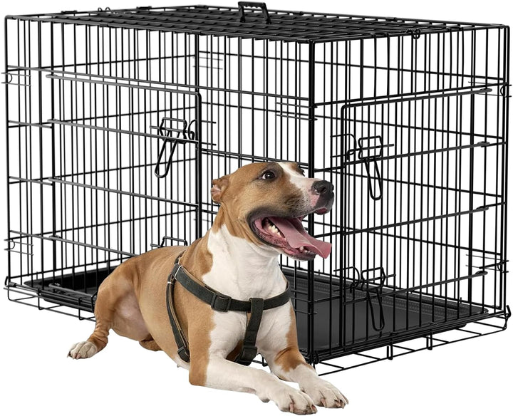 Dog Crate for Small Dogs 24 Inch Folding Metal Wirepet Cage Double Door W/Divider Panel Indoor Outdoor Kennel Leak-Proof Plastic Tray,Black