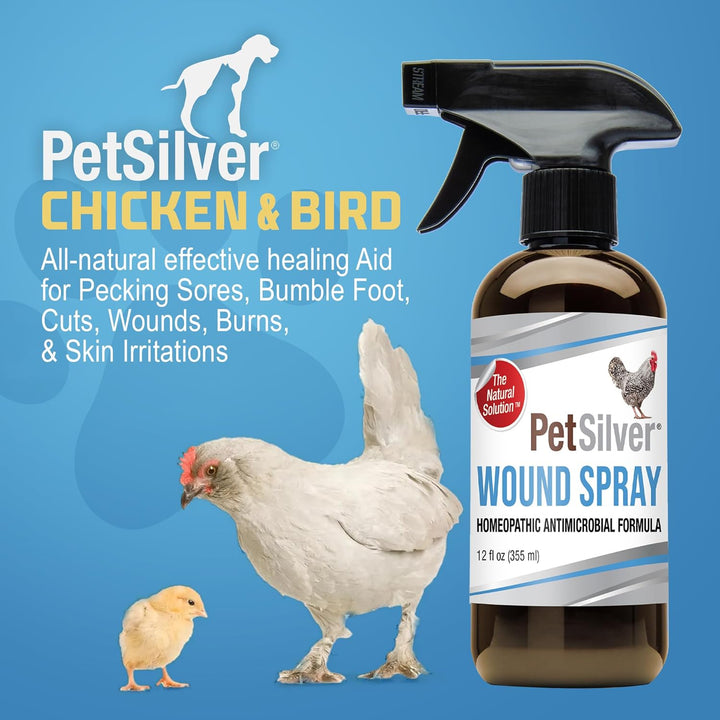 Chicken Wound Spray for Chickens & Birds - Patented Silver Solution - Silver Spray for Wounds, Pecking Sores, Bumblefoot, Cuts, Burns, & Skin Irritations - Chicken Care - USA Made - 12 Fl Oz