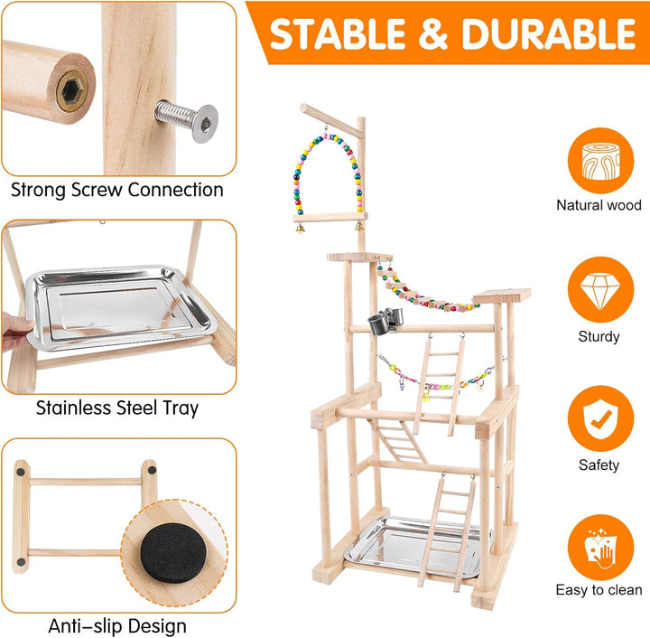 Bird Playground 4 Layer, Parrot Perch Stand Bird Play Stand for Parakeet Conure Cockatiel Lovebird Budgie, Parrot Playground with Feeder Cups, Ladder, Chain Toy, Swing and Detachable Tray