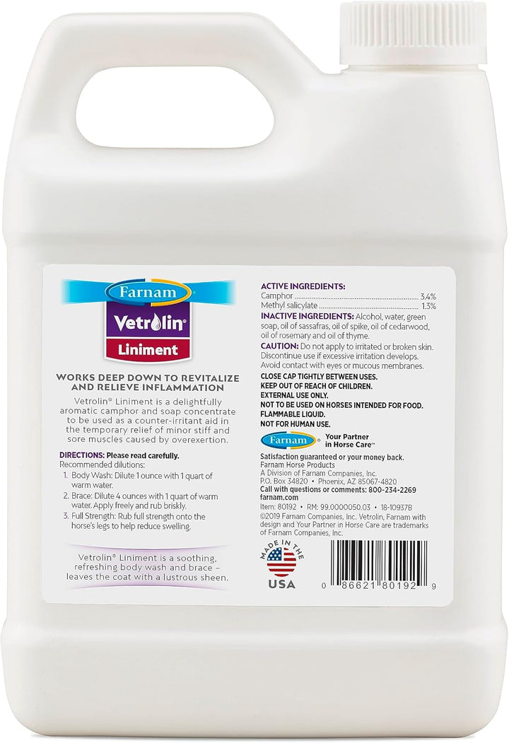 Vetrolin Horse Liniment for Muscle Soreness, Stiffness and Inflammation Relief on Horses, Helps Reduce Swelling, Aids in Pain Relief, 32 Oz.