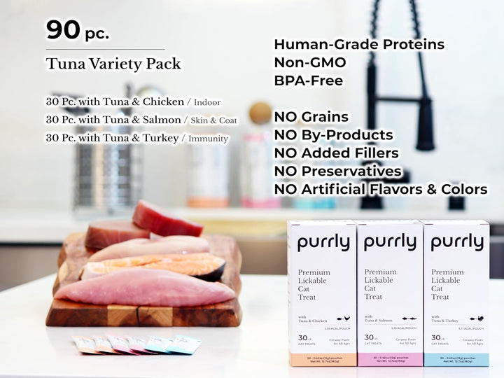 Healthy Premium Cat Treats Snack Topper Tuna Variety Bundle (90 Count) Lickable Wet Squeezable Hydrating Interactive Seafood Grain-Free Naturally Flavored Non-Gmo No-Preservative