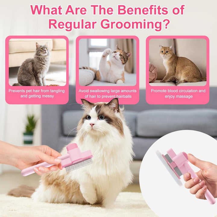 2PCS Flea Comb for Cats and Dogs with Pet Hair Remover Glove, Self Cleaning Pet Flea Cat Grooming Brush with Release Button for Massaging and Cleaning Shedding Pets Hairs