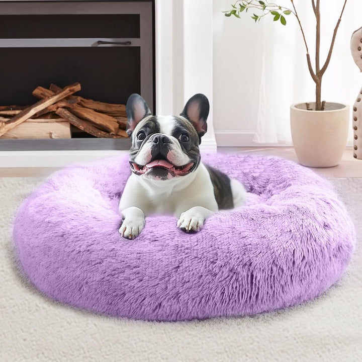 Small Dog & Cat Beds for Indoor Cats, Donut Cuddler Warming Soft Dog Beds with Anti-Slip Bottom, round Calming Fluffy Plush Faux Fur Cushion Bed for Small Medium Dogs (20", Smoke Grey)