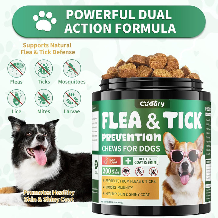 Flea and Tick Prevention for Dogs Chews – 200 Soft Chews, Dog Flea Chewables with Skin & Coat Support – Oral Supplement for All Breeds & Ages – Natural Duck Flavor