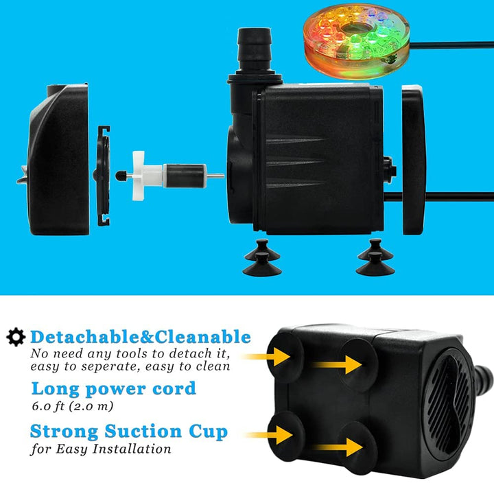 10Watt 160GPH Submersible Fountain Pump with Automatic Color Changing LED Light and Flow Regulator for Water Feature, Outdoor Pond, Aquarium Fish Tanks