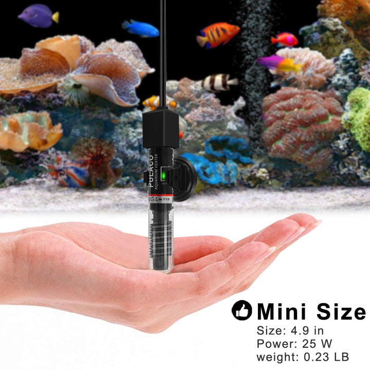 25W Small Aquarium Submersible Betta Heater with Free Thermometer Strip, under 6 Gallon Fish Tanks (Preset Temperature 78℉)