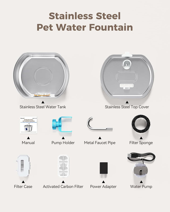 Cat Water Fountain Stainless Steel: 108Oz/3.2L Cat Fountain for Drinking- Pet Water Fountain inside - Automatic Dog Watering Dispenser Bowl - Pet Feeding & Watering Supplies - Water Level Window