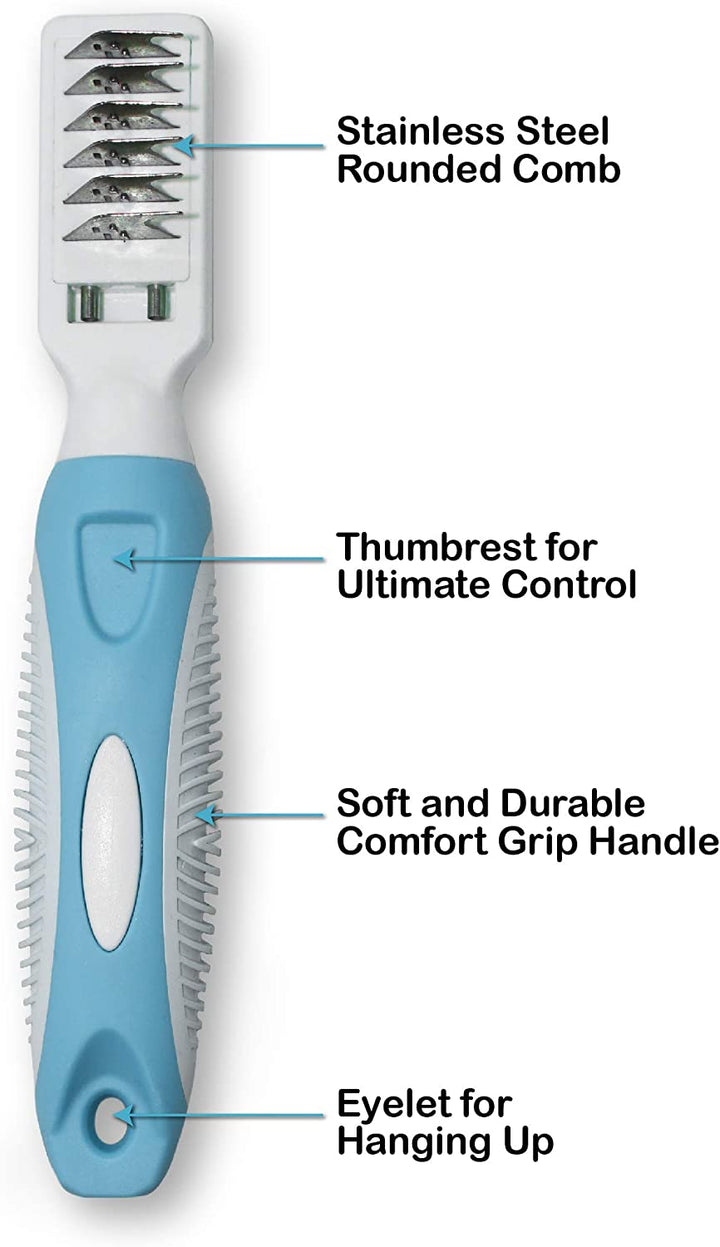 Professional Pet Mat Remover - Dematting Tool for Grooming Cats & Dogs - Removes Matted Fur, Tangles, Knots, Loose Hair & Dirt - Stainless Steel, Gentle Teeth, Soft Comfort Grip Handle,Blue