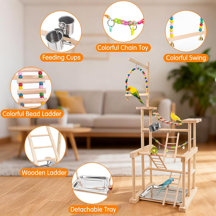 Bird Playground 4 Layer, Parrot Perch Stand Bird Play Stand for Parakeet Conure Cockatiel Lovebird Budgie, Parrot Playground with Feeder Cups, Ladder, Chain Toy, Swing and Detachable Tray