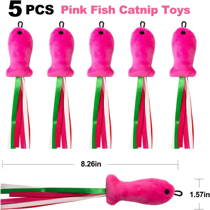Cat Toys Pink Fish, 5PCS Catnip Toys for Cats, Flopping Cat Fish Toy Filled Soft Plush, Cat Feather Wand Accessories with Ribbons, Interactive Cat Toys for Indoor Cats Kitten Play Exercise Chew