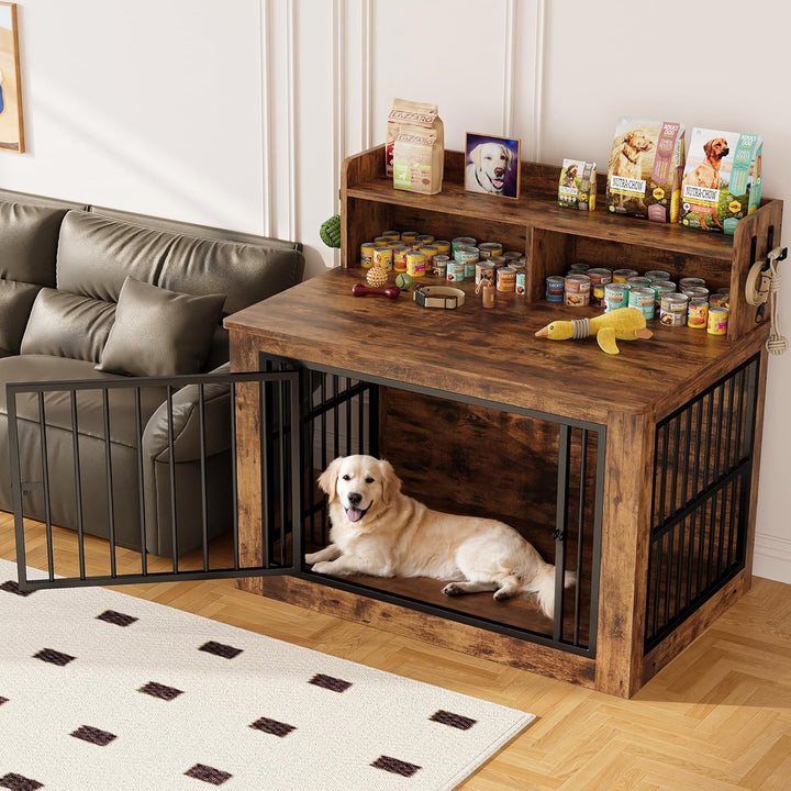 Extra Large Dog Crate Furniture, 43.3 Inches Wooden Dog Crate with Storage and 4 Hooks, Heavy Duty Pet Crate for Large Dog, Decorative Pet Cage for Indoor (30" L X 43.3" W X 41.1" H)