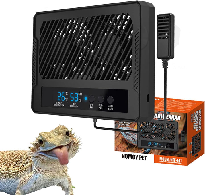 Reptile Ventilation Fan with Humidity Control & High Temp Alarm, Smart Hygrometer for Bearded Dragon, Leopard Gecko, Snake Tank – Quiet Fan with Dual LED Display for Reptile Enclosure