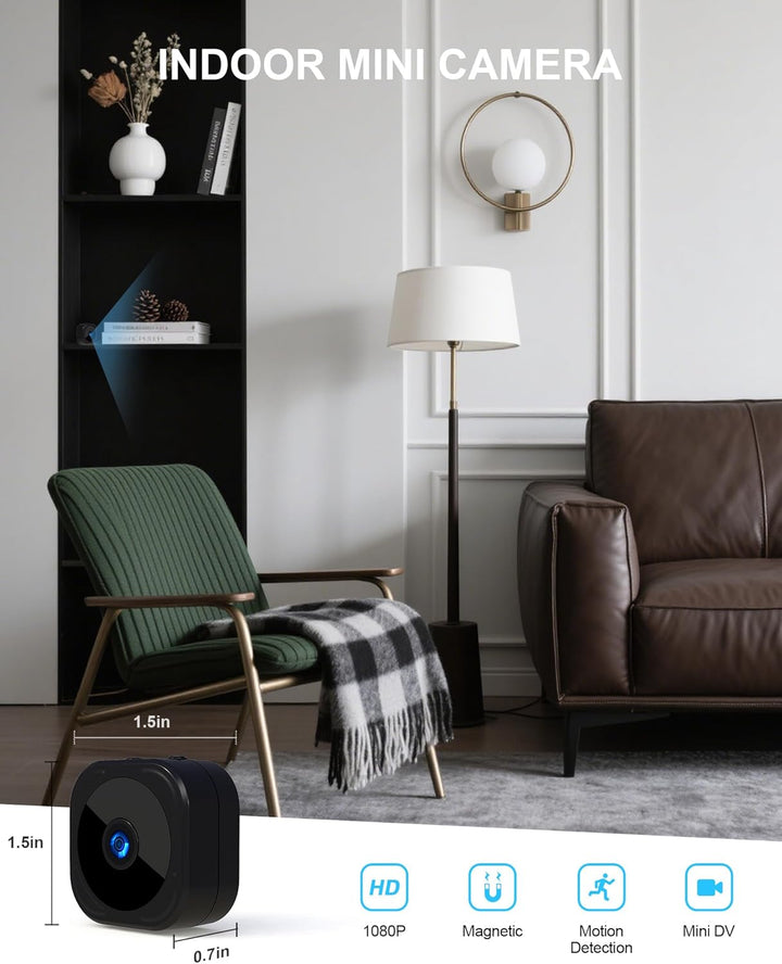 1080P HD Mini Camera for Indoor Security with App Control Motion Detection & Night Vision Wireless Wifi Rechargeable Pet Camera for Home/Office 24/7 Cycle save (Black)