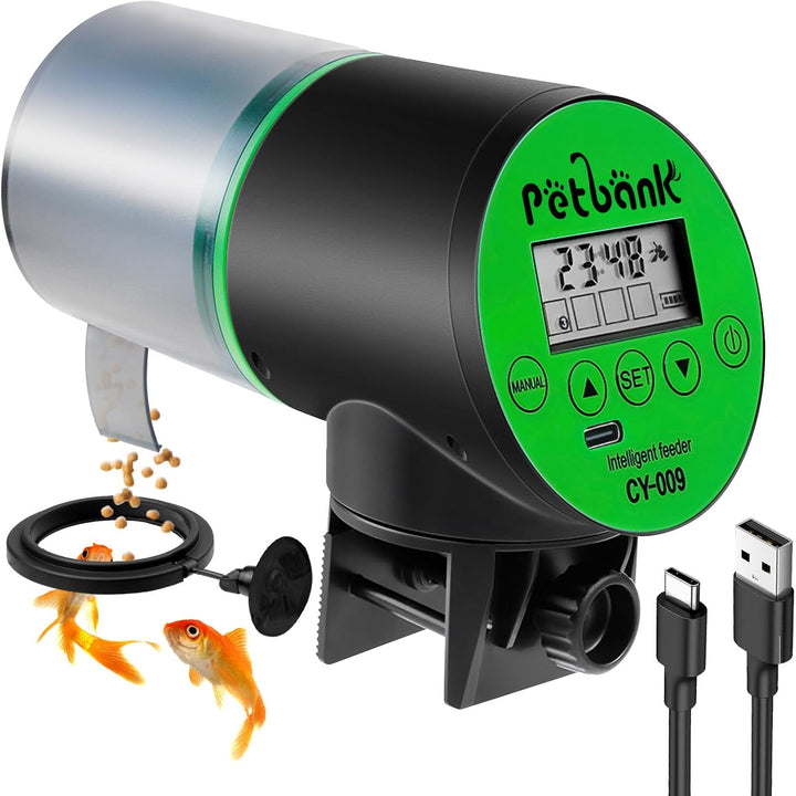 Automatic Fish Feeder for Aquarium - Rechargeable Fish Food Auto Dispenser Vacation Turtle Feeder with USB Charger Cable，Lcd Screen, Customized Schedule，Black