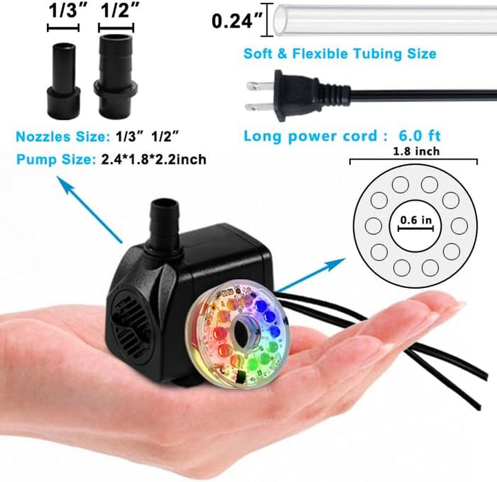 10Watt 160GPH Submersible Fountain Pump with Automatic Color Changing LED Light and Flow Regulator for Water Feature, Outdoor Pond, Aquarium Fish Tanks