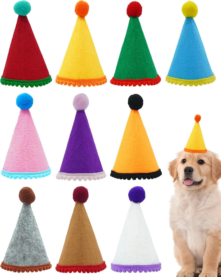 10 Pack Mini Party Hats for Small Dog Birthday Stuffed Animals Dolls Puppy Cats Adjustable Holiday Hats Felt Pom Pom Headband Kitten Pet Grooming Costume Accessories