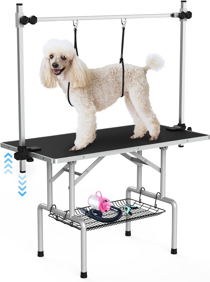 46''Large Dog Grooming Table, Adjustable Cat Drying Desktop with Arms, Nooses, Mesh Tray, Foldable Pet Station at Home, Maximum Capacity up to 330Lb, 46Inch, Black, 46In