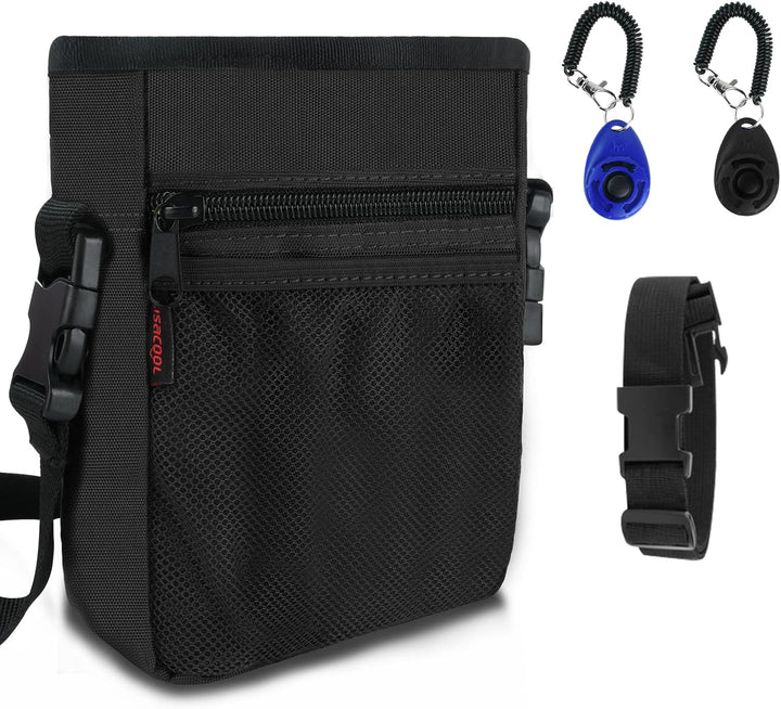 Dog Treat Pouch - 3 Ways to Wear Treat Pouches for Pet Training and 2 Pieces Clicker Taining for Dogs, Dog Training Treat Pouch Bag and Dog Clicker for Training with Waist Belt Shoulder Strap - Black