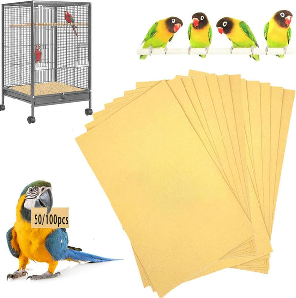 Bird Cage Liner 50-Pack 17” X 11” Gravel Paper Cuttable Pet Sandpaper Special for Bird Cage in Sea Sand, Easy Clean Pet Sandpaper Calcium Paper for Birdcage Parrots Cockatiels (50)